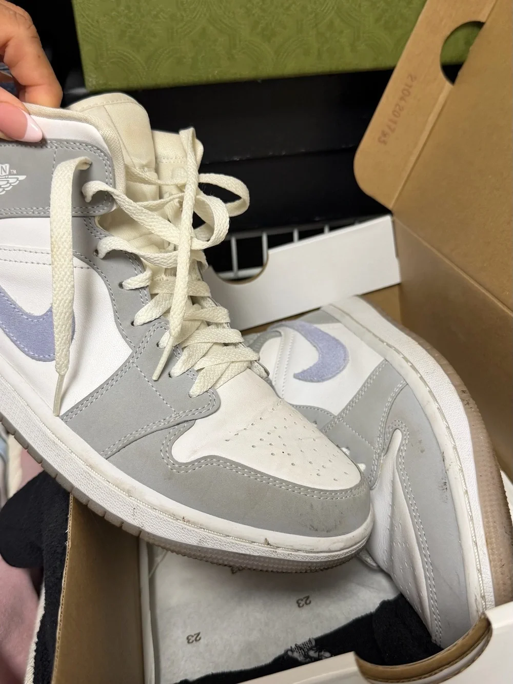 Jordan High-Top Sneakers in Gray, White & Lavender
